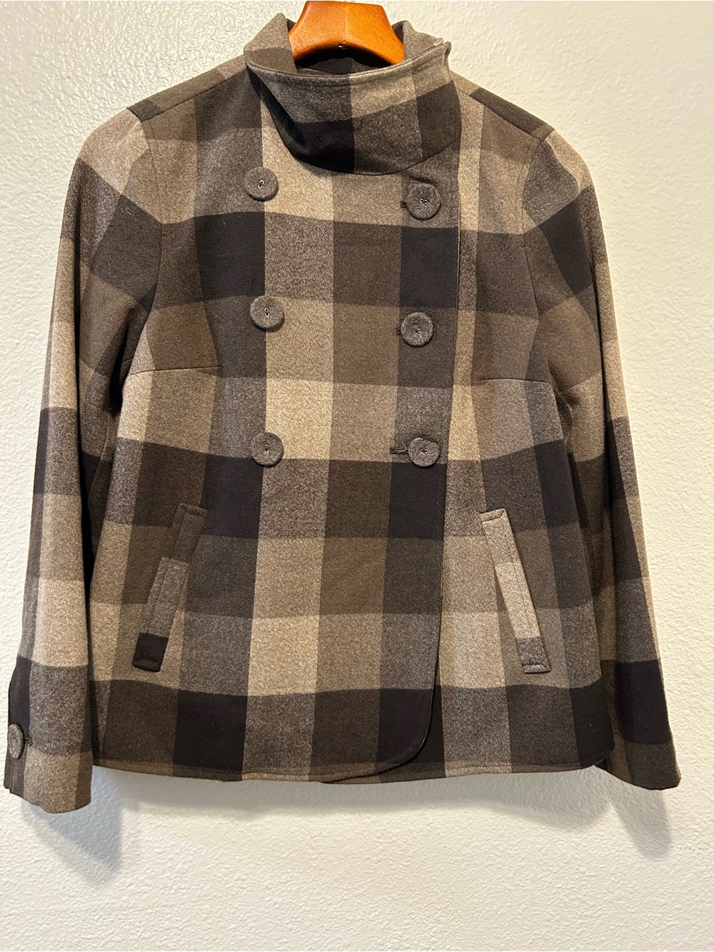 Liz Claiborne Double-Breasted Plaid Peacoat in Gray and Brown